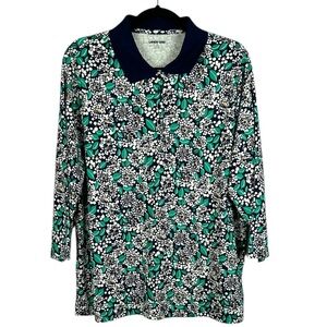Lands' End Floral Casual Cotton 3/4 Sleeve Polo Shirt 1X Navy Blue Athleisure